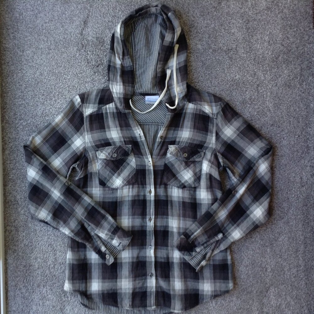 ⭐COLUMBIA LONG SLEEVE HOODED SHIRT in Black & Grey Plaid, size S⭐